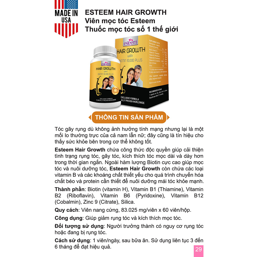 Thực Phẩm Chức Năng Viên Giúp Mọc Tóc Số 1 Thế Giới Esteem Hair Growth (Hộp 60 Viên )