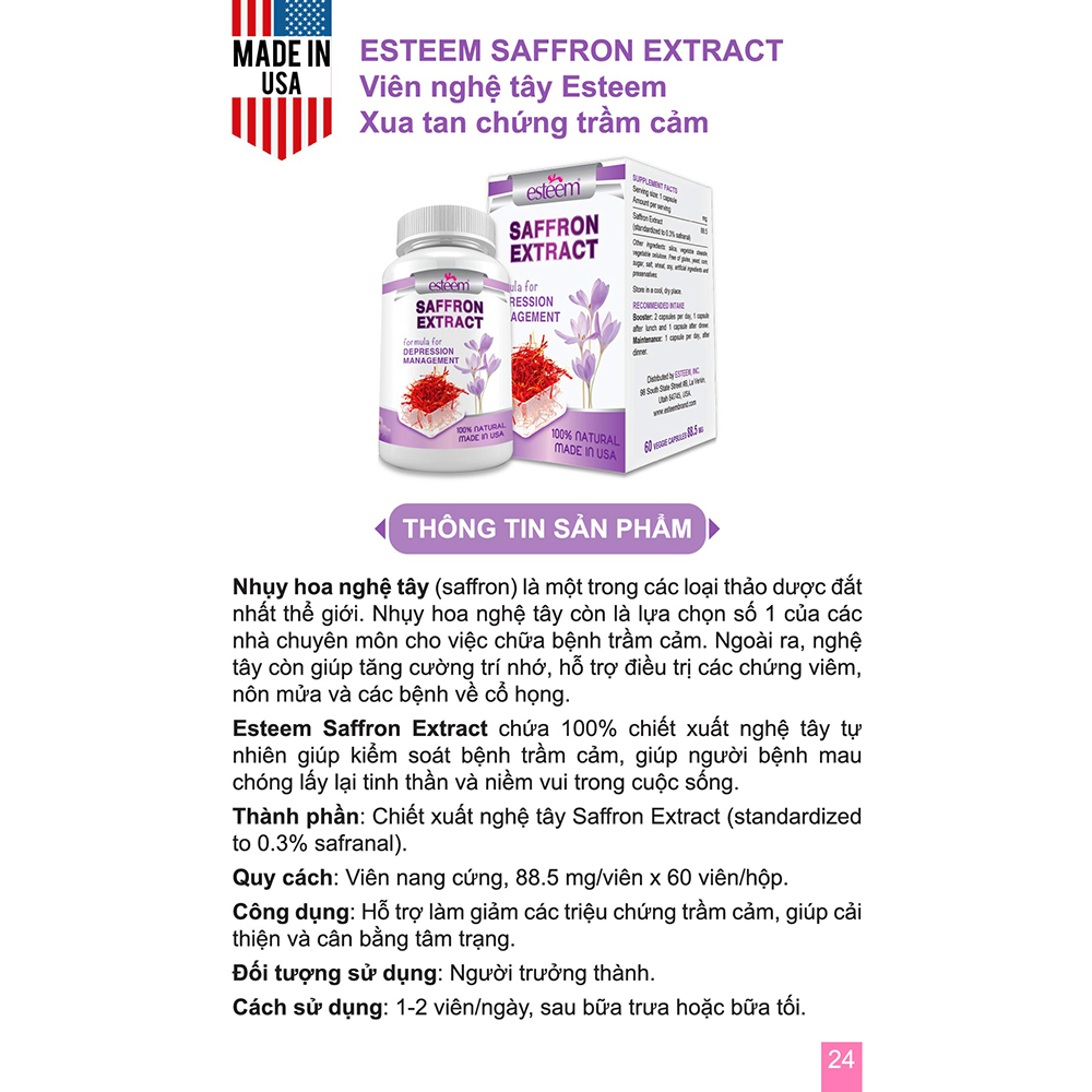 Thực Phẩm Chức Năng Viên Nghệ Tây, Giúp Xua Tan Chứng Trầm Cảm Esteem Saffron Extract (Hộp 60 Viên )