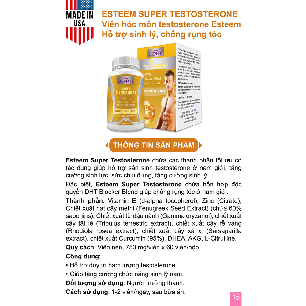 Thực Phẩm Chức Năng Làm Chậm Quá Trình Mãn Dục Ở Nam Giới Và Giúp Mọc Tóc Esteem Super Testosterone (Hộp 60 Viên )