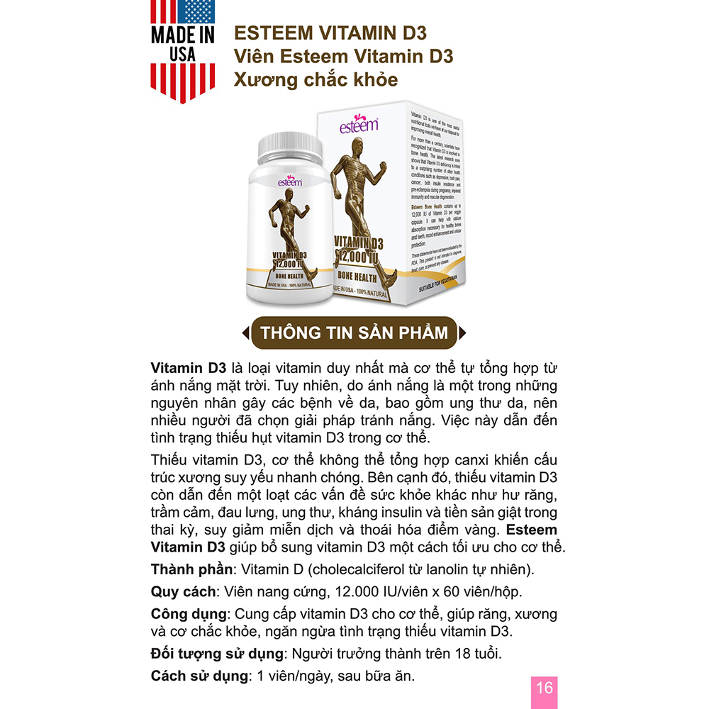 Thực Phẩm Chức Năng Viên Giúp Xương Chắc Khỏe Esteem Esteem Vitamin D3 (Hộp 60 Viên )