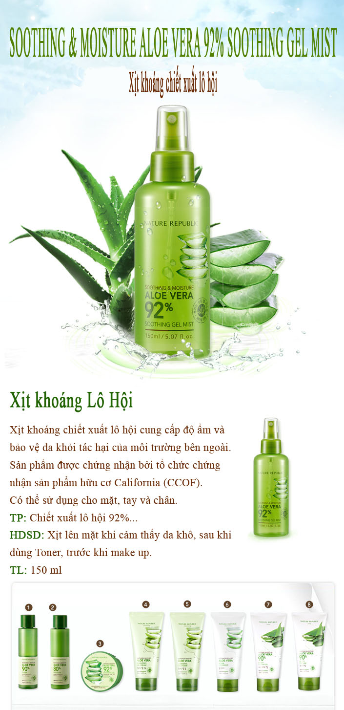 Xịt Khoáng Lô Hội Nature Republic Soothing & Moisture Aloe Vera 92% Soothing Gel Mist (150ml)